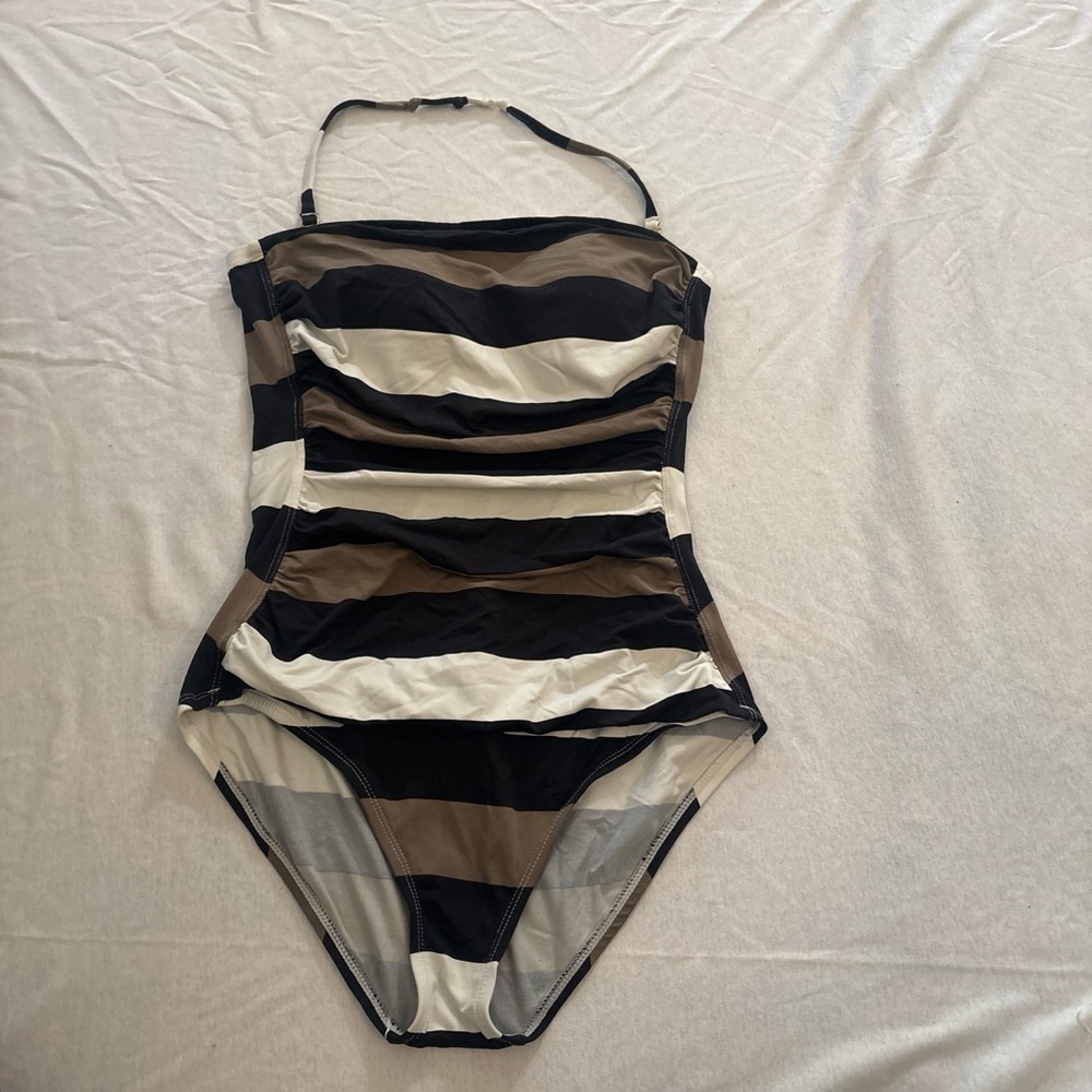 Tommy Bahama Striped One Piece Swimsuit in Black, White, and Brown